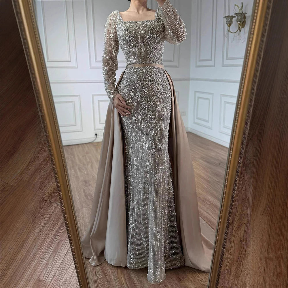 Serene Hill Customized Arabic Caramel Mermaid With Overskirt Beaded Evening Dresses Luxury Gowns For Formal Occasion...