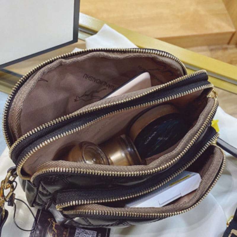 Argyle Pattern Simple Shoulder Bag, Multiple Pockets Crossbody Bags, Zipper Closure Women Leather Bag, Designer Bag,...