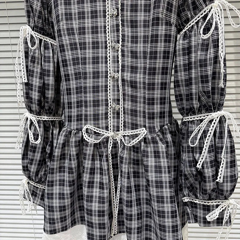DEAT 2026 Spring New Style Plaid Pattern Bow Tie Long Sleeve Shirt Dresses For Women Contrast Color Sweet Dress Female 11A08637