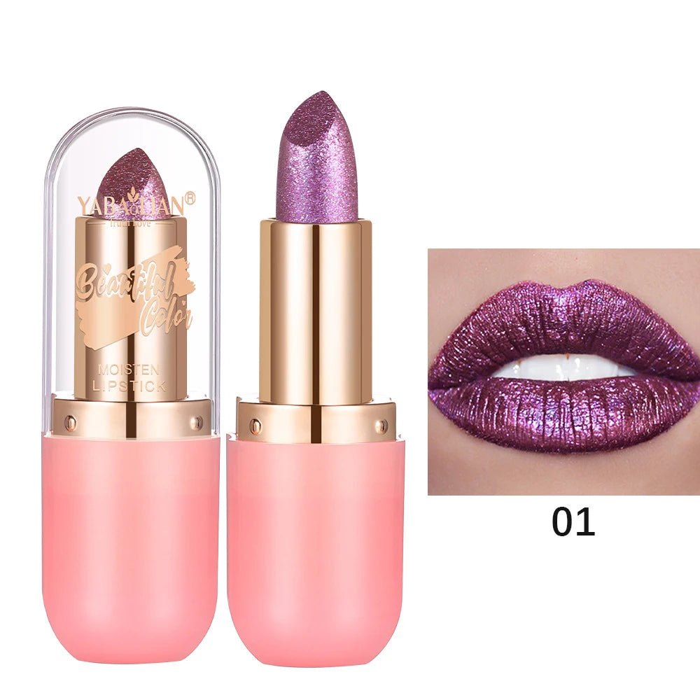 Metallic Violet Chameleon Lipstick Color Changing Matte Glitter Diamond Lipstick Waterproof Pearl Shine Lip Gloss Sexy Makeup