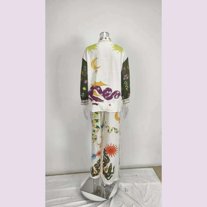 Long Sleeve Long Pant Sets Women  Retro Lapel Single Breasted Blouses Trousers 2 Piece Set Printed Color-blocking Elastic Waist