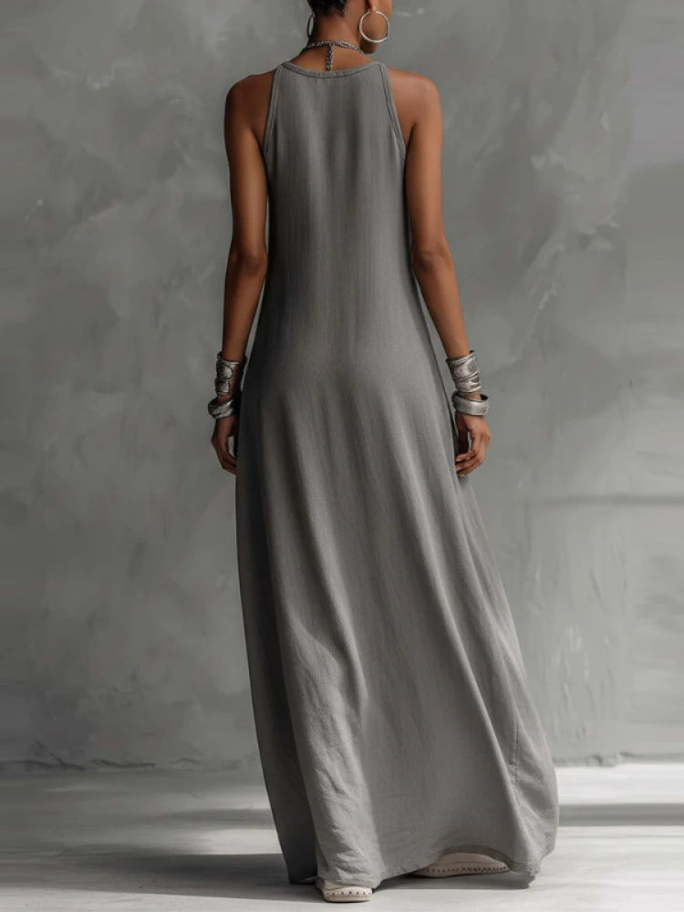 Women Strappy Maxi Dress A-line Vest Type Color Block Summer Beach Dress Loose Casual Halter Neck Pocket Side Split Long Dresses - Kimlud