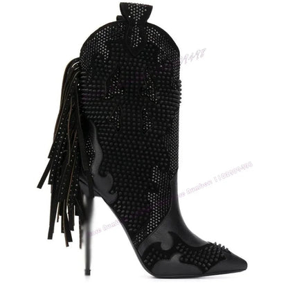 Black Tassel Crystal Decor Ankle Boots Pointed Toe Shoes for Women Thin High Heels Sexy Runway Shoes 2025 Zapatos Para Mujere