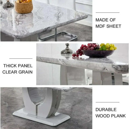 63-Inch Rectangular Marble Dinner Table for 6 - Imitation Marble Grain for Kitchen and Dining Room, Grey Finish