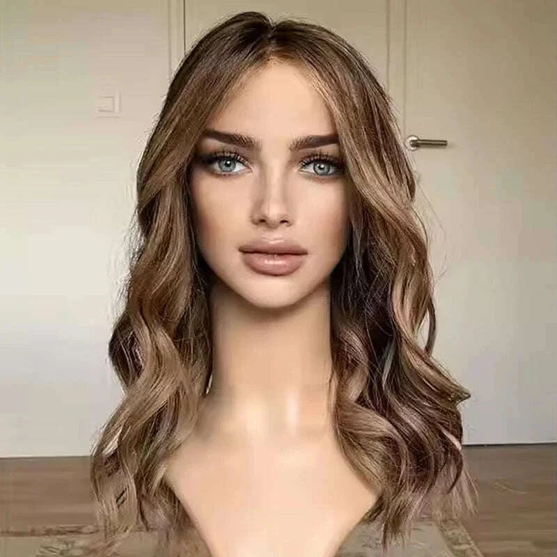 Premium European Synthetic Hair lace Top Jewish wig Brown caramel highlights colored lace front wig Hight Density For Women Use