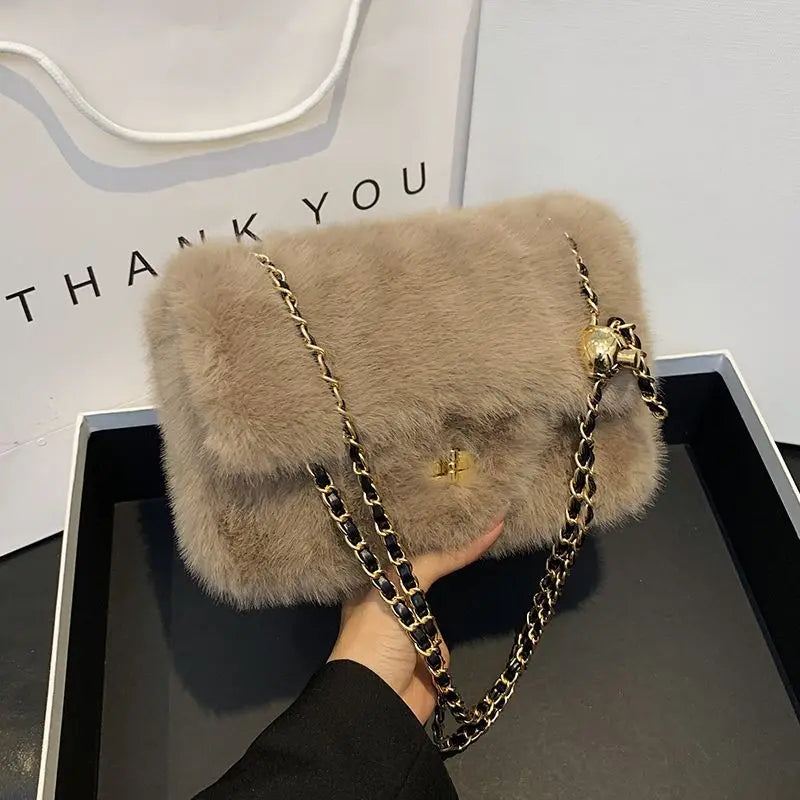 Mini Furry Chain Shoulder Bag for Women New Style Autumn Winter Casual Pure Color Polyester Velvet Lining Crossbody Bag