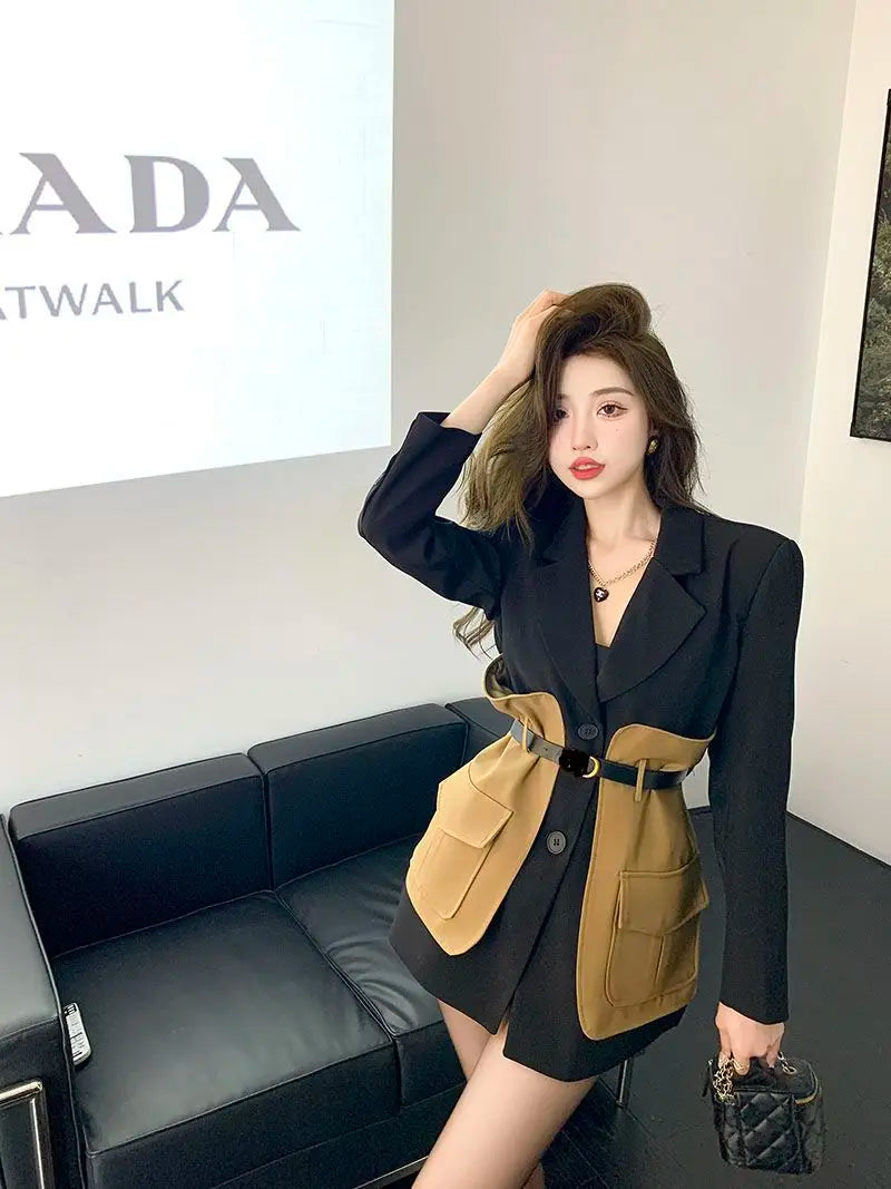Original Design Blazer Women Fashion New Loose Spliced Pocket Korean Shrug Notched Single Breasted Blazer Mujer Femal...