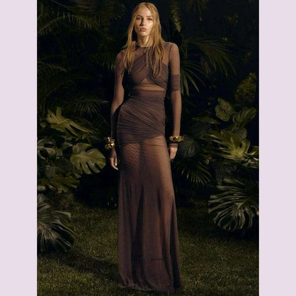 Mozision Mesh Ruched Sexy Maxi Dress For Women Fashion Zipper Patchwork See Through Long Sleeve Elegant Club Party Long Dress