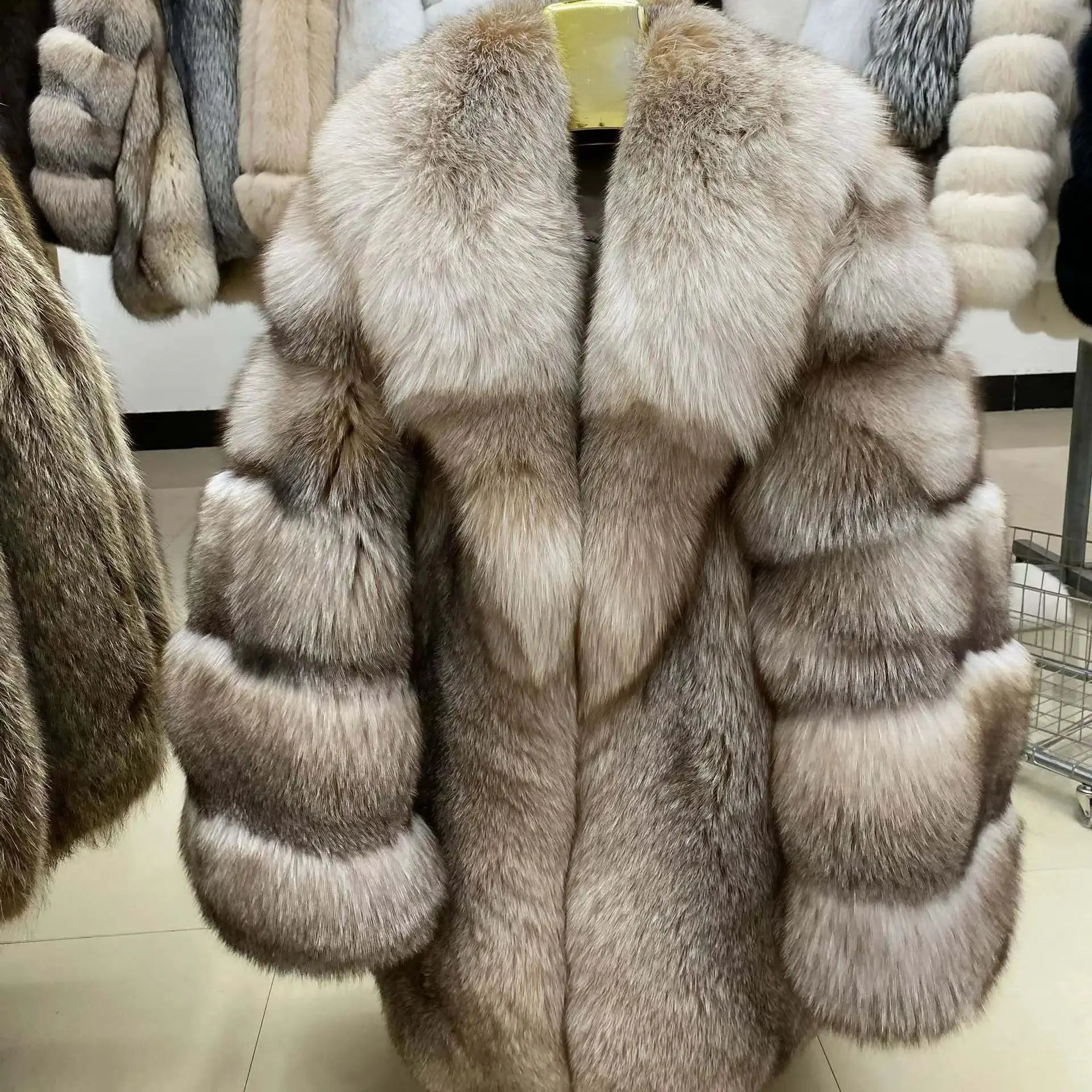 High End Elegant Women's Silver Blue fox Jacket Long fox Collar V-neck Custom Color Real fox Fur Women's Coat
