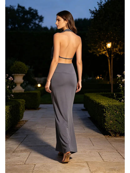 Sexy Sleeveless Halter Deep V Sequined Ruched Long Dresses for Women Grey Backless Folds Slim Maxi Dress Evening Party...