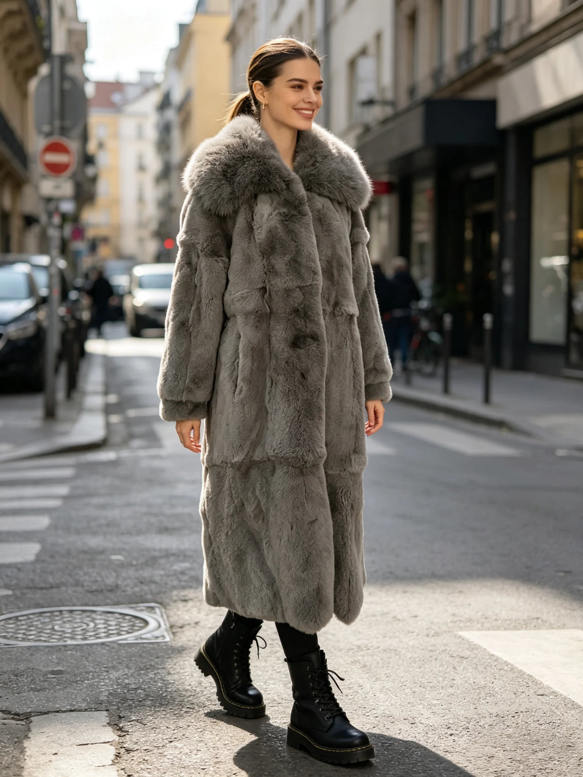 Women X-long Whole Skin Rex Rabbit Fur Coat Luxury High-end Natural Fur Jacket Oversized Genuine Fox Fur Collar