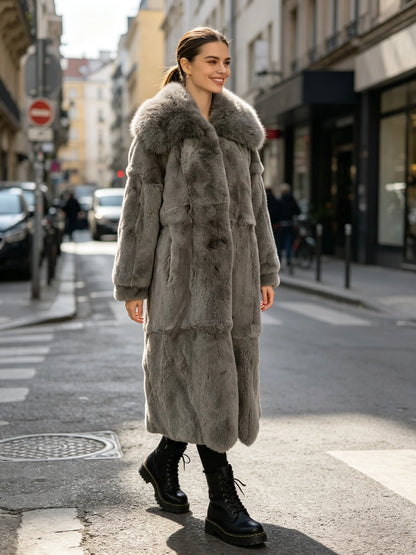 Women X-long Whole Skin Rex Rabbit Fur Coat Luxury High-end Natural Fur Jacket Oversized Genuine Fox Fur Collar