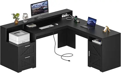 63" Farmhouse L Shaped Executive Desk with Drawers & Storage Shelf, Corner Computer Desk with Power Outlets, L Shaped Office Des - Kimlud