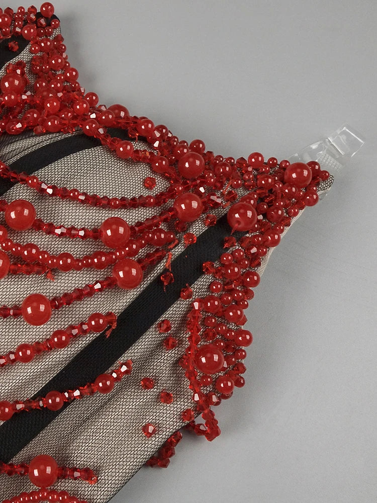 VC Glamorous Fashion Strapless Red Beaded Mesh Through Mini Sexy Dress with Corset for Club and Evening Party