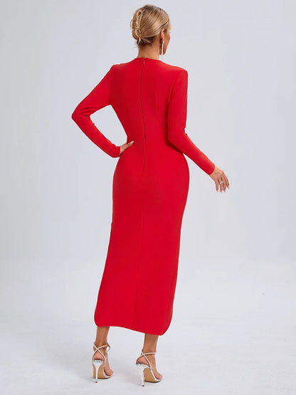 VC Sexy Red Deep V Plunge Long Sleeves Ruched Bandage Dress Women Pleated Bodycon Maxi Long Evening Party Club Gown