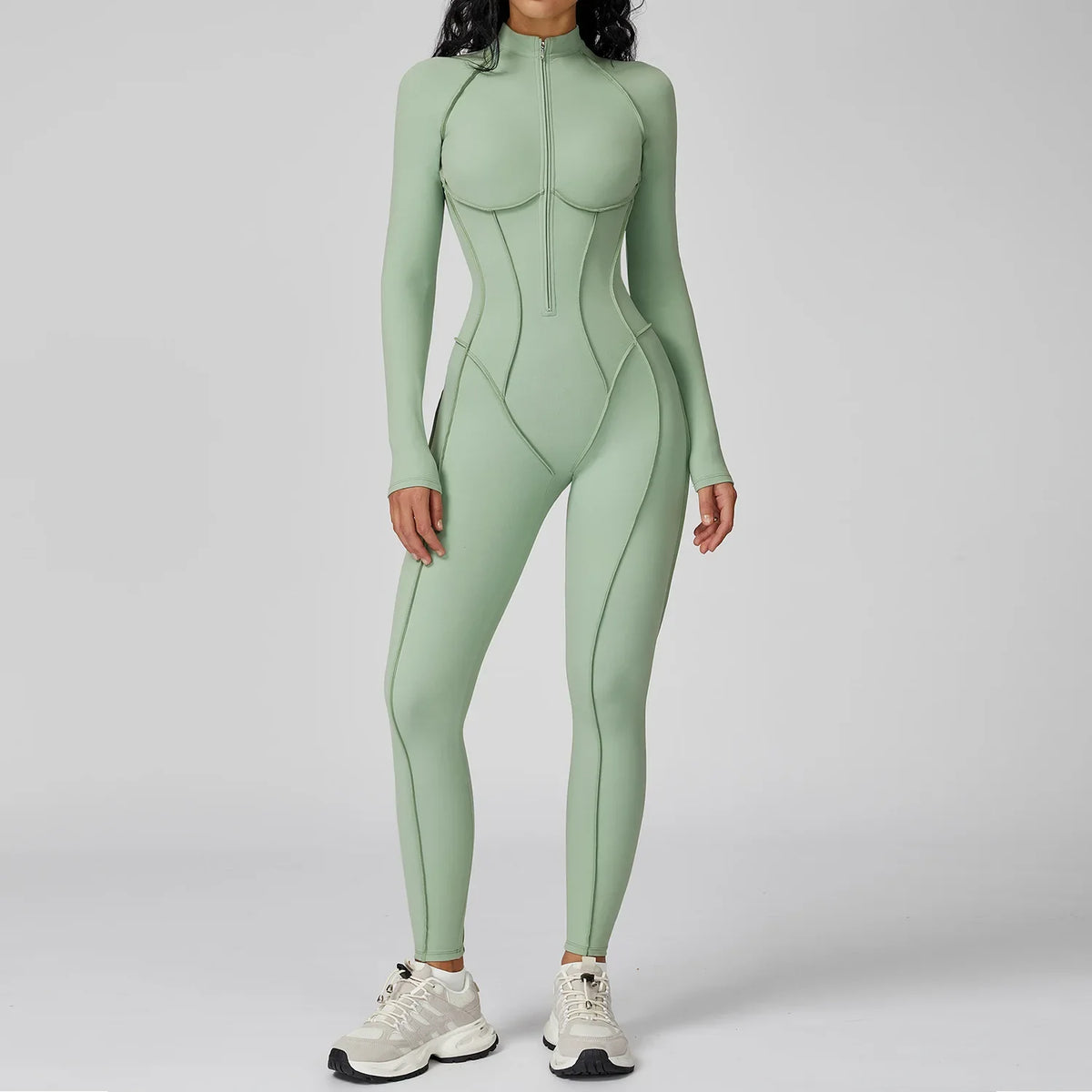 Women Yoga Bodysuit Long Sleeved Tracksuits Gym Zipper Jumpsuits Sports One Piece Workout Bodycon Jumpsuits Tights Suit - Kimlud