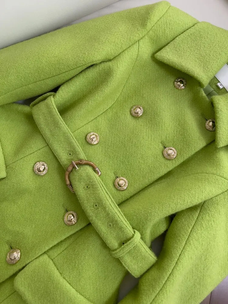 Women Elegant Double Breasted Coat Fashion Turn Down Sashes Collar Slim Fit Sashes Woolen Fabric Winter Lady Long Style Overcoat