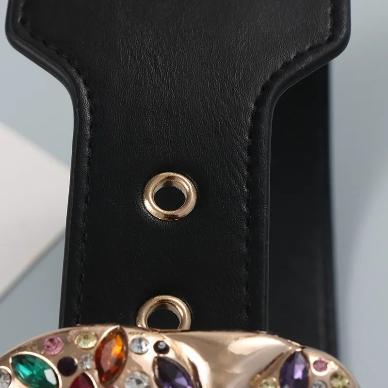 Luxury Retro Color Rhinestone Zircon Metal Belt Niche Design Elegant Fashion Leather Wide Belt Women Down Coat Skirt...