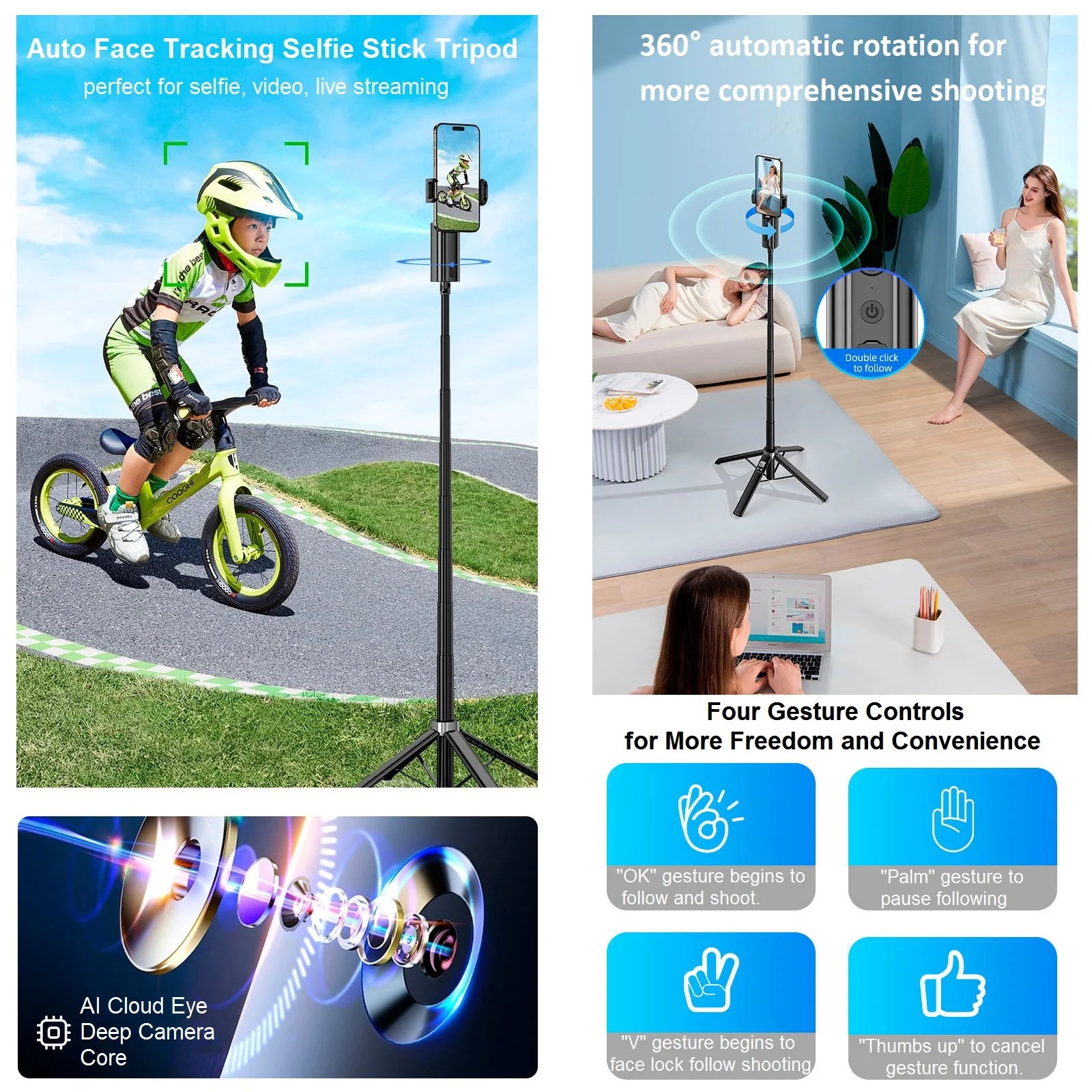 Auto Face Tracking Tripod 360° Rotation 59" Selfie Stick Tripod Auto Tracking Phone Holder Motion Tripod for Live Video Vlogs