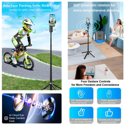 Auto Face Tracking Tripod 360° Rotation 59" Selfie Stick Tripod Auto Tracking Phone Holder Motion Tripod for Live Video Vlogs