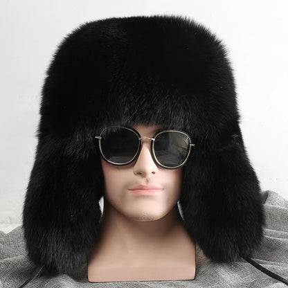 2025 Winter 100% Real Silver Fox Fur Bomber Hat Raccoon Fur Ushanka Cap Trapper Russian Men's Ski Hats Caps