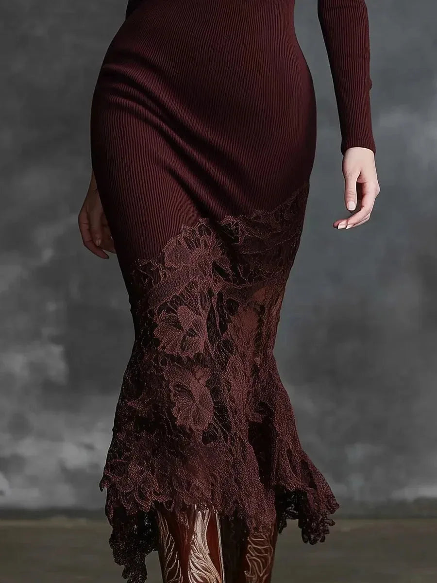 Women's Sexy Lace Splicing Long Dress High Neck Slim Fit Long Sleeve Wine Red Maxi Dress for Autumn Comfortable Evening Wear