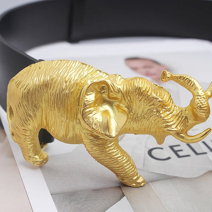 Fashion Real Leather Belts for Women Luxury Designer Female Waist Elastic Corset Belt Gold Heavy Elephant Metal Buckle