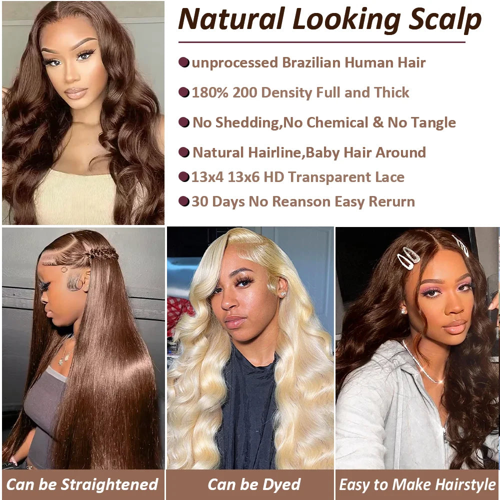 Body Wave Chocolate Brown 13x6 HD Lace Front Human Hair Wigs 200 Density HD Lace Frontal Wigs For Women Wigs Pre Plucked Hair