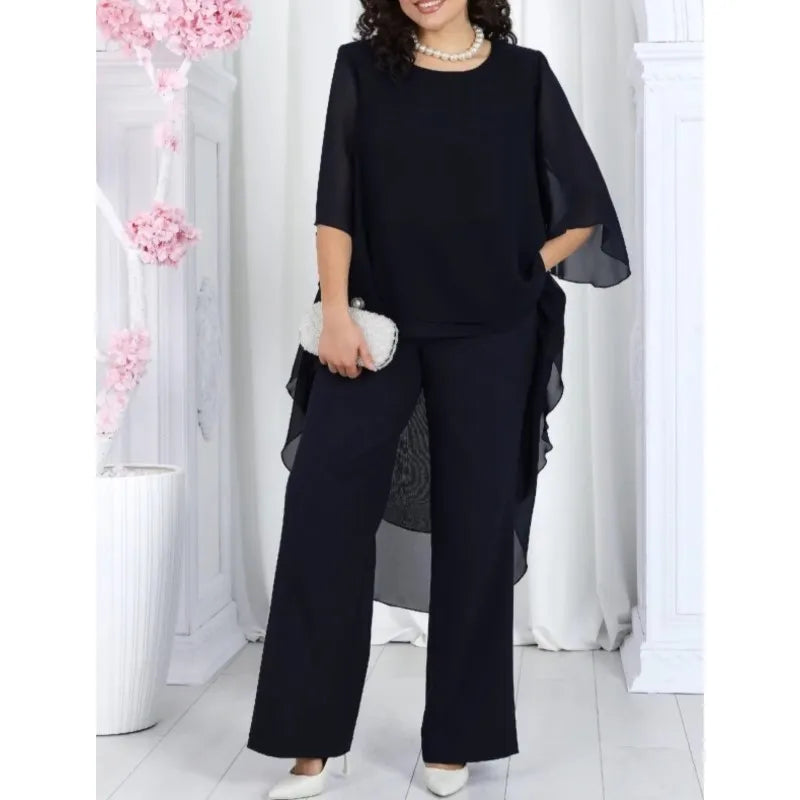 Elegant 2 Pieces Sets Woman's Chiffon Solid Mid-Sleeve Layered ruffled edges Long Top & Straight-leg Trousers Pants Sets Outfits