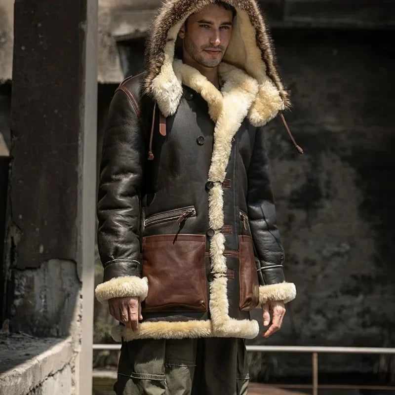 Winter Men Original Fur Coat Mid-length Thickened Sheepskin Leather Coat Bomber Hooded Wool Lining Warm Snow Men's Clothing