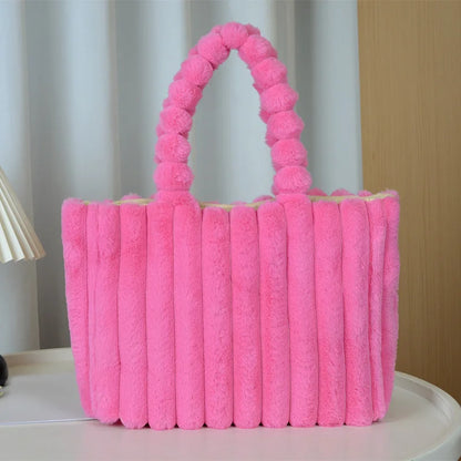 Autumn Winter Soft Plush Totes Bags, Stylish College Student Women Handbag Shoulder Bag with Leather Material Polyester Lining
