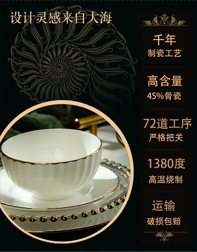 Bowl and dish set bone china tableware set bowl Jingdezhen light luxury simple hand drawn gold ceramic bowl and chopsticks plate - Kimlud