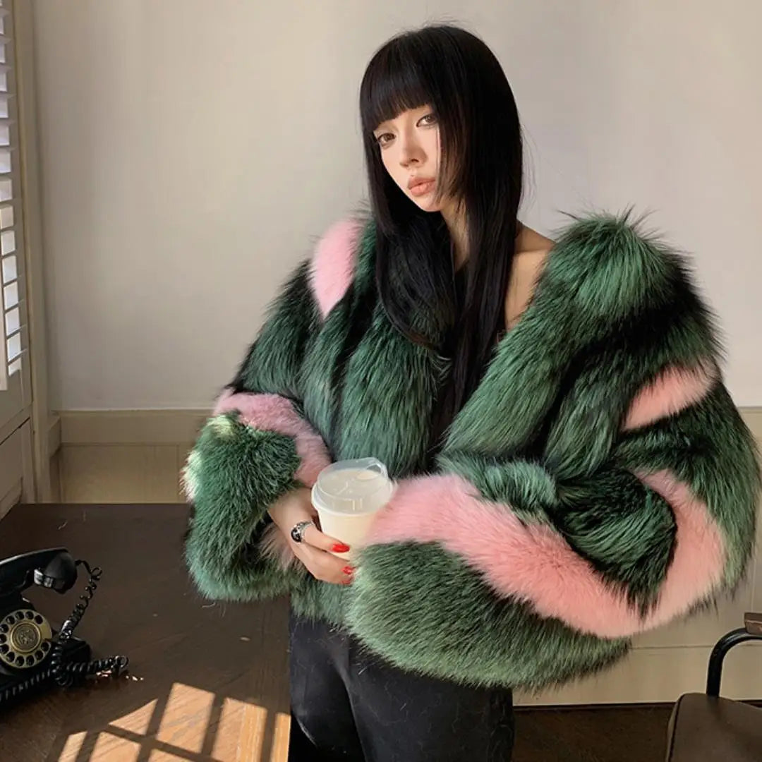 Luxury Fashion Woman Real Silver Fox Fur Short Jacket Coat Female Elegant Winter Warm Overcoat