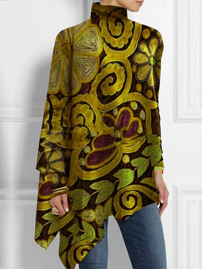 Women's Plus Size Irregular Hem Blouse Autumn Winter Fashion Retro Long Sleeve T-Shirt Turtleneck Casual Loose Asymmetrical Top