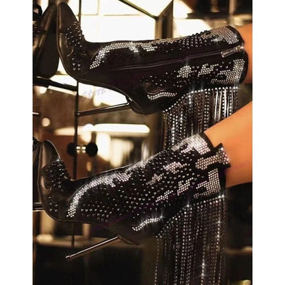 Black Tassel Crystal Decor Ankle Boots Pointed Toe Shoes for Women Thin High Heels Sexy Runway Shoes 2025 Zapatos Para Mujere