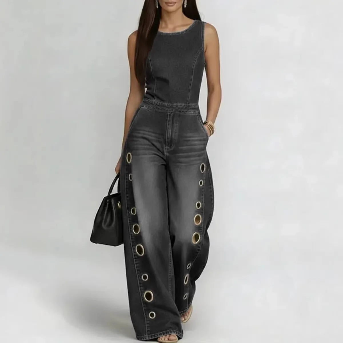 Women's Sleeveless Denim Jumpsuit High Waist Wide Leg Pants with Gold Eyelet Cutout Decor Streetwear Casual Fashion Romper - Kimlud