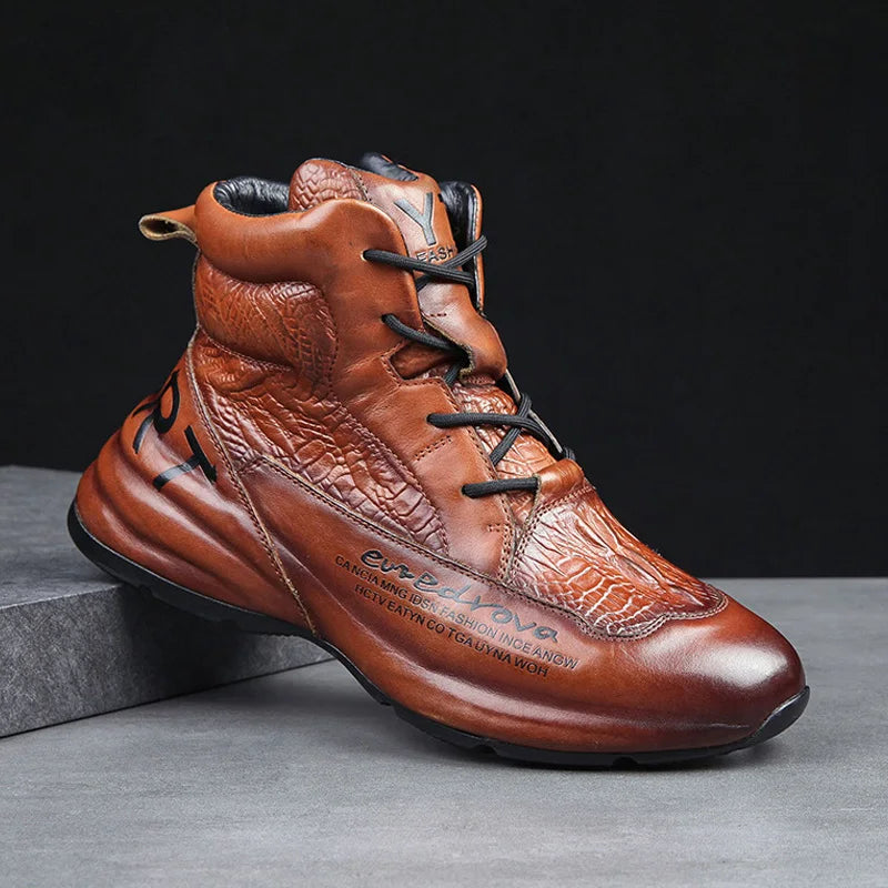 Genuine Leather Winter Boots For Men Crocodile Leather Casual Fleece Warm Shoes Motorcycle Punk Botas Male Loafer Hombre KK419