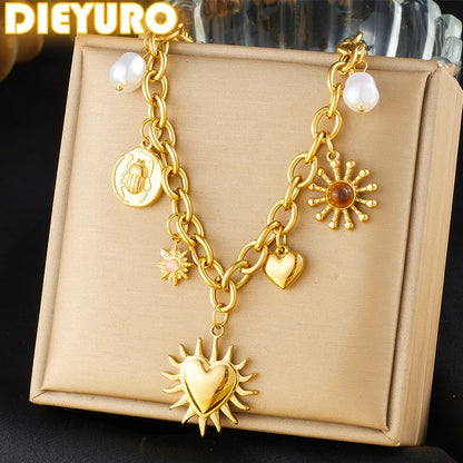 Stainless Steel Golden Summer Sun Heart Drop Necklace For Women Lady New Trend Waterproof Neck Chain Jewelry Gift