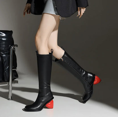 New Retro Sexy Round Toe Peach Heart Heel Side Zipper Knee High Boots European American Fashion Show Color Blocked Women's Boots
