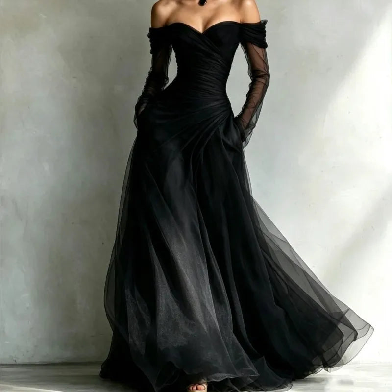 New Women's Sexy Strapless Net Silk Long Sleeved Party Dresses Spring Summer Fashion V Neck Elegant Ladies Formal Long...