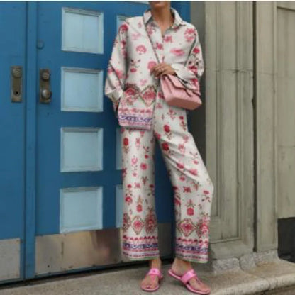 Autumn New Loose Vintage Printed Pant Sets Women Long Sleeve Shirts And Wide Legs Trousers Two Piece Set 2025 Fashion Streetwear