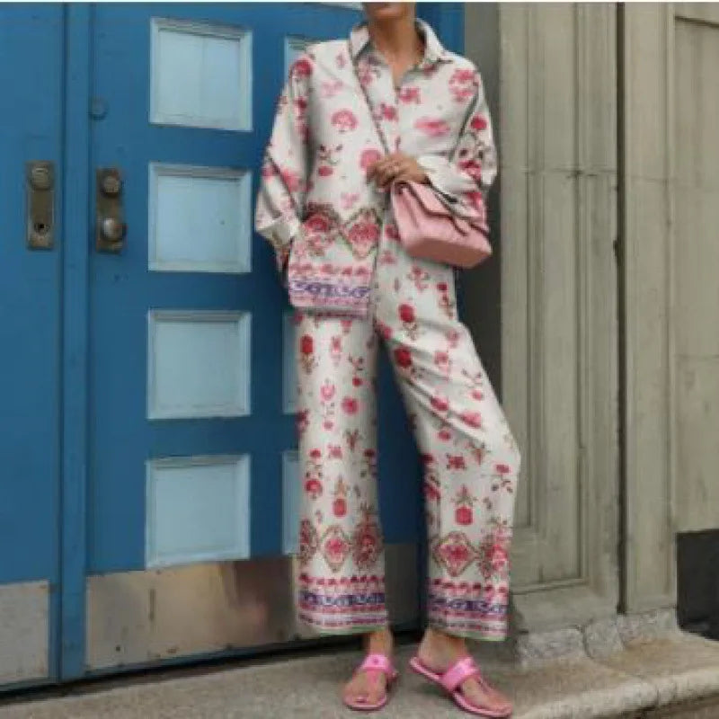 Autumn New Loose Vintage Printed Pant Sets Women Long Sleeve Shirts And Wide Legs Trousers Two Piece Set 2025 Fashion Streetwear