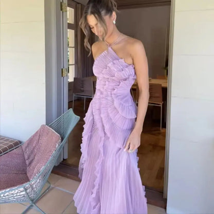 Elegant Women Ruffle Pleated Long Dress Fashion Sleeveless Halter Irregular Tiered Pleated Flowy Maxi Dresses for...