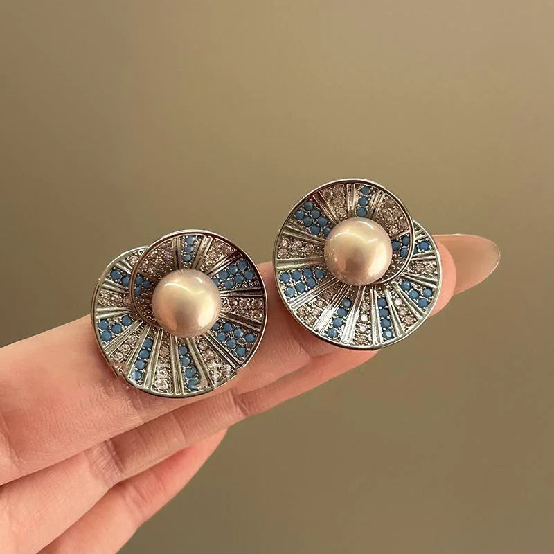 Light Luxury Personalized Elegant Blue Crystal Flower Stud Earrings For Women Fashion Simple Geometry Jewelry Party...