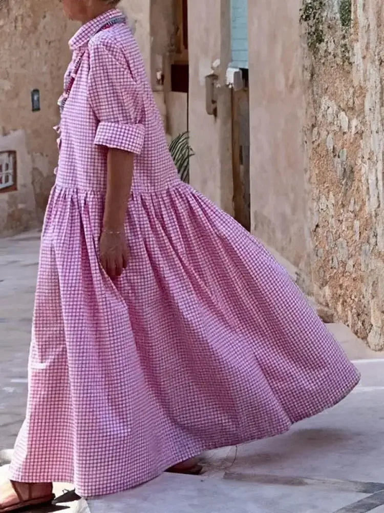 DSMTRC 2024 New Spring Autumn Long Sleeve Loose Button Casual Maxi Dresses Woman Korean Fashion Plaid Pleated Lapel Shirts Dress
