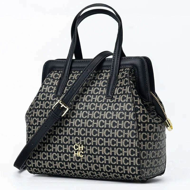 CH Classic Fashion Zipper Design Women's Handbag, Monogram Print, Versatile Solid Color Block Shoulder Bag