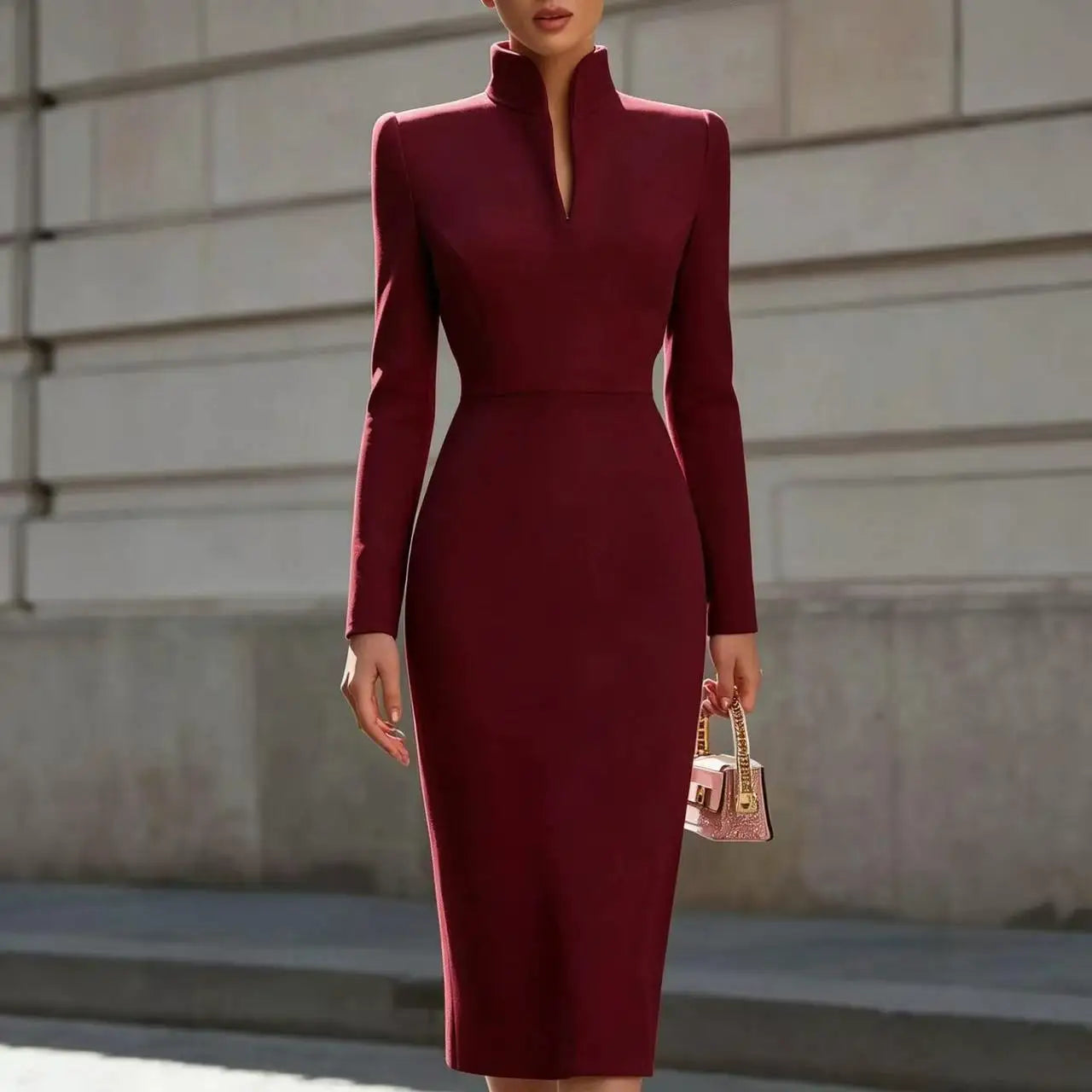 2026 Elegant Stand Collar Split Neck Long Sleeve Bodycon Midi Dress Women Solid Beige Slim Office Business Formal Party Dress Ve