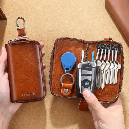 Men'S Key Holder with 2 Card Slots + 1 ID Key Clip + 6 Key Rings + 1 Car Key Chain, Genuine Leather Large Capacity Multi-Car