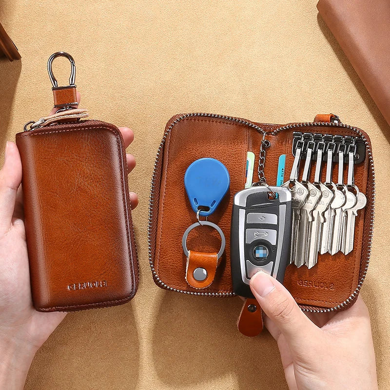 Men'S Key Holder with 2 Card Slots + 1 ID Key Clip + 6 Key Rings + 1 Car Key Chain, Genuine Leather Large Capacity Multi-Car