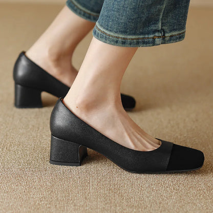 danxuefei plus size 34-42 women's genuine leather square toe slip-on pumps OL style elegant ladies 5cm thick low heel shoes sale - Kimlud